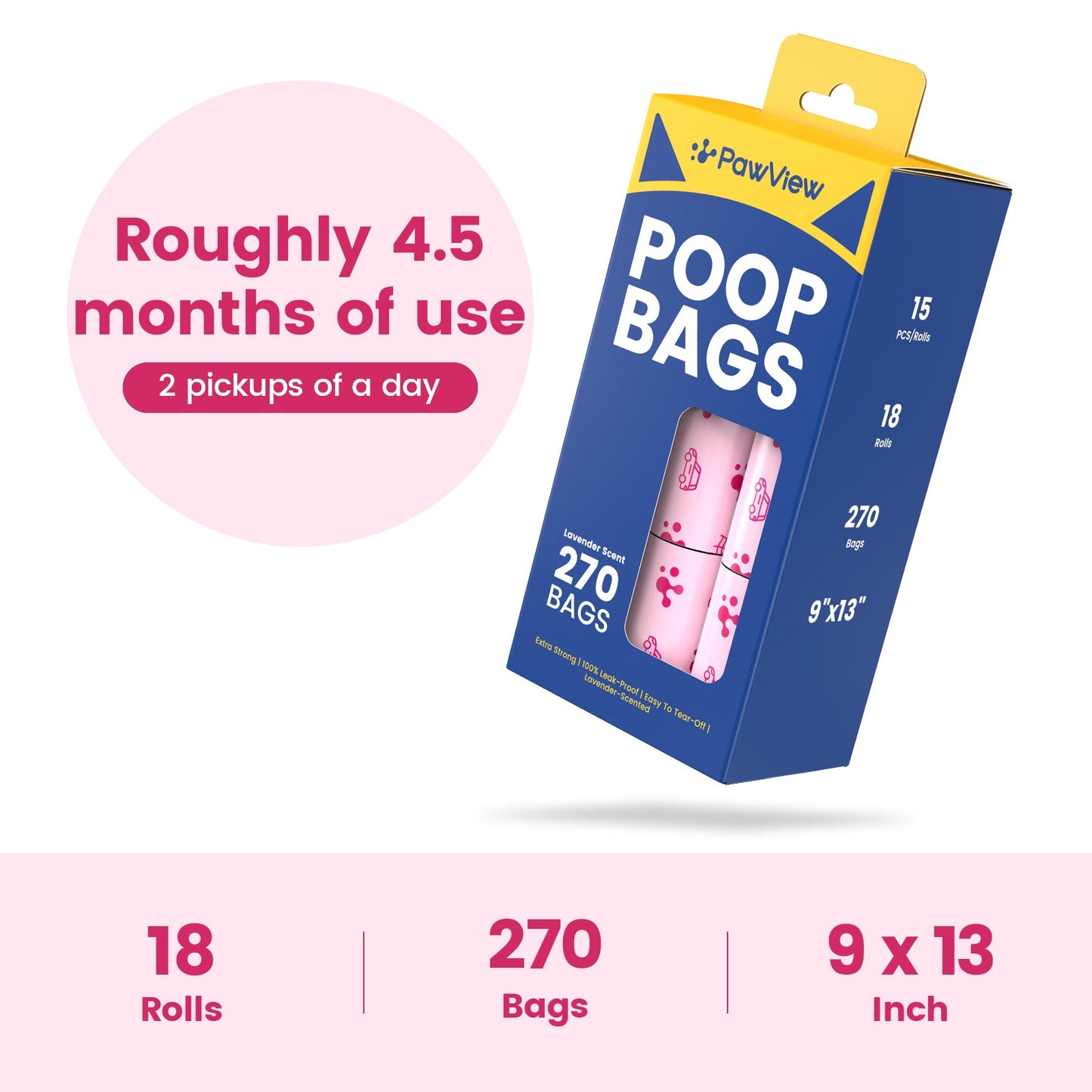 PawView Dog Poop Bags, Guaranteed Leak Proof and Extra Thick Poop Bag Rolls for Dogs, Lavender Scented, 120 Count, 270 Count, 315 Count