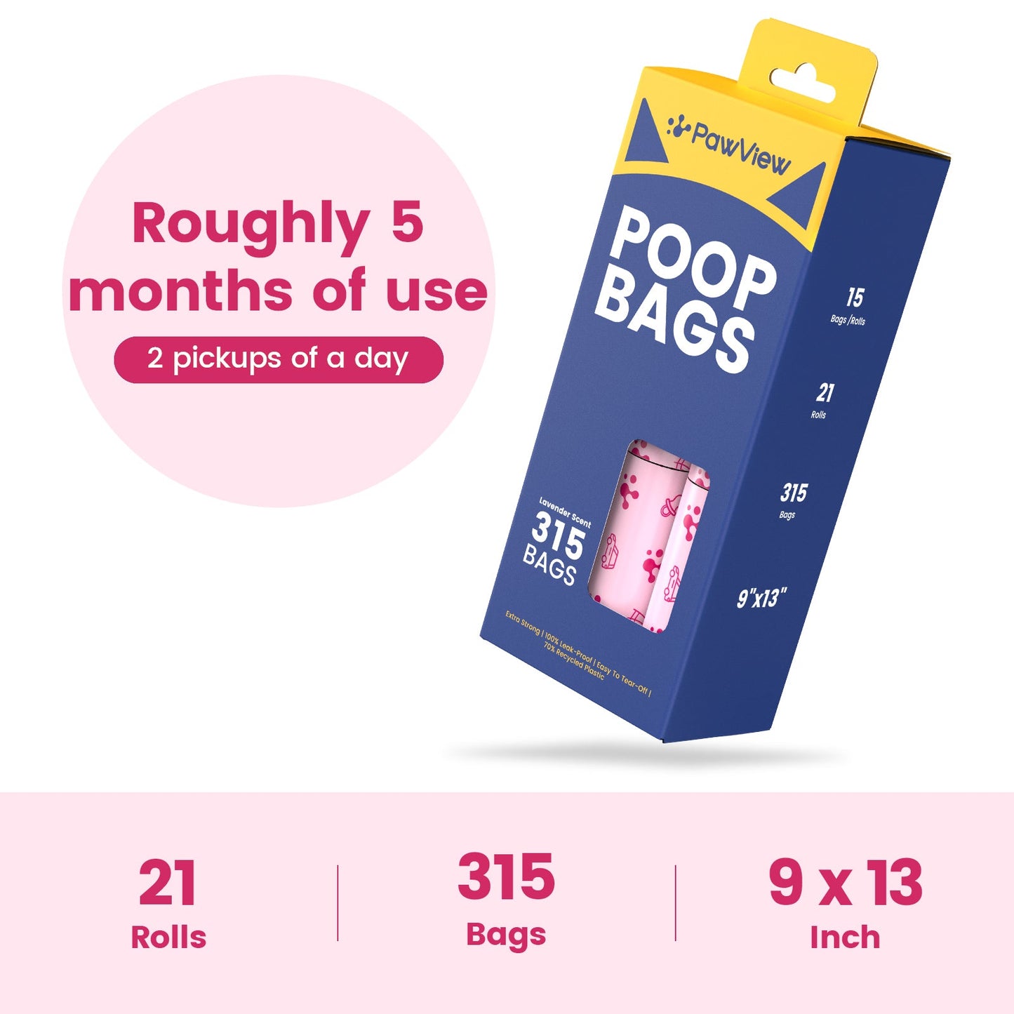 PawView Dog Poop Bags, Guaranteed Leak Proof and Extra Thick Poop Bag Rolls for Dogs, Lavender Scented, 315 Count