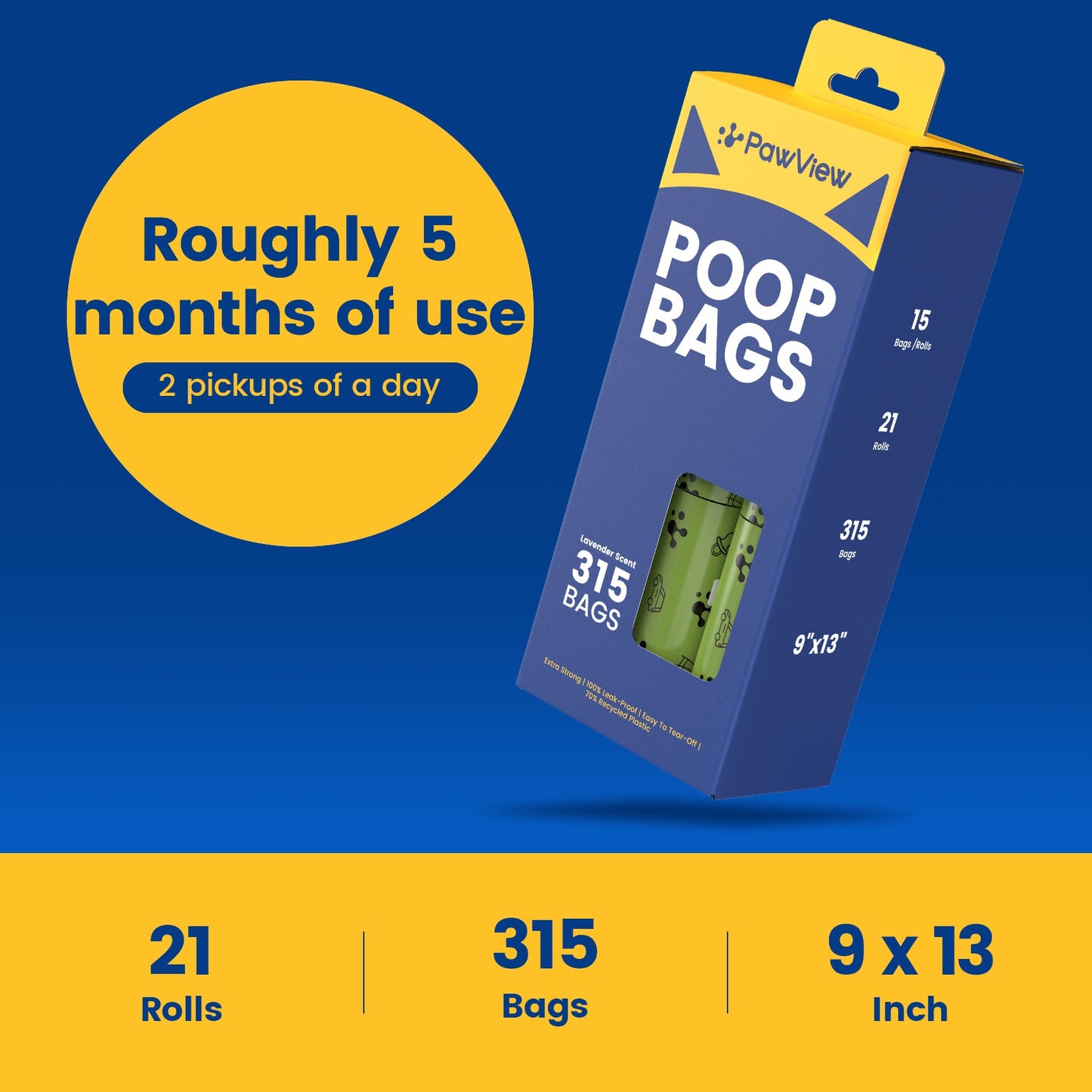 PawView Dog Poop Bags, Guaranteed Leak Proof and Extra Thick Poop Bag Rolls for Dogs, Lavender Scented, 120 Count, 270 Count, 315 Count