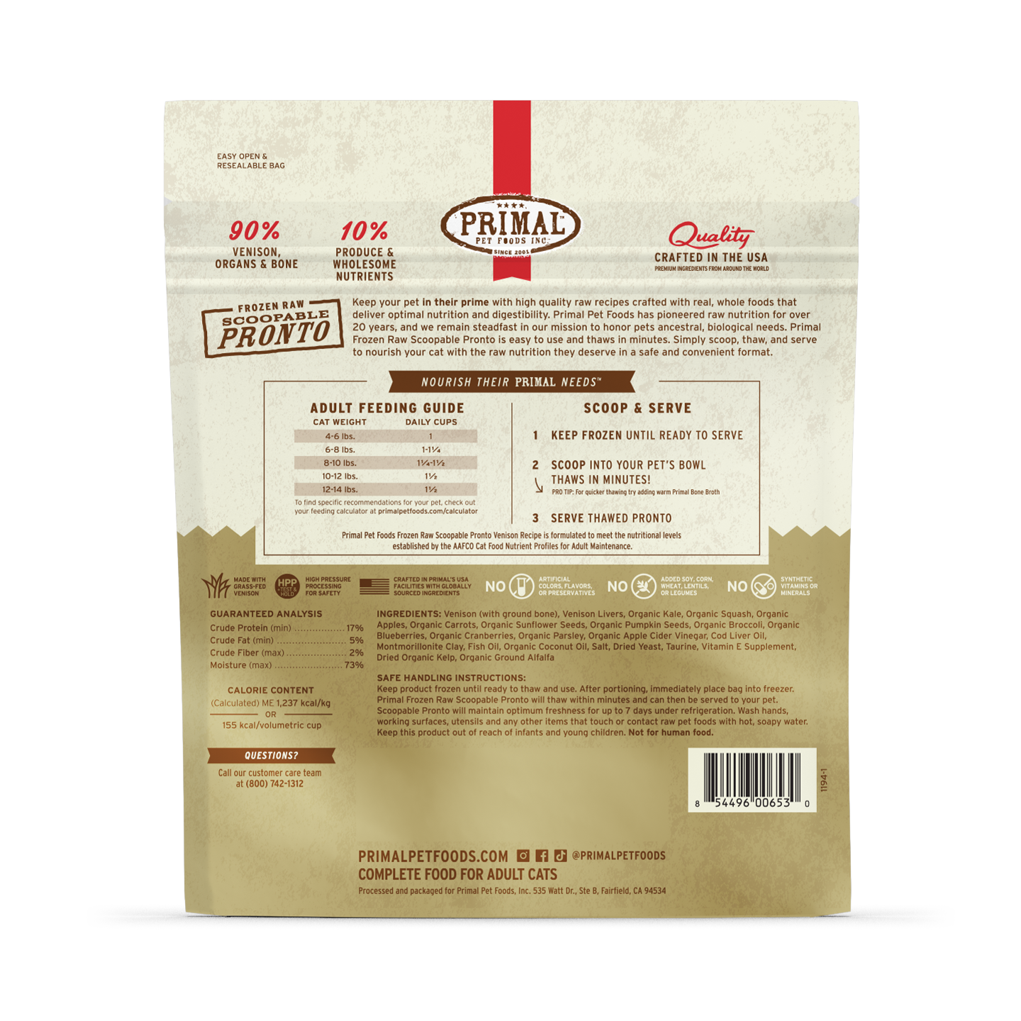 Primal Frozen Raw Scoopable Pronto Cat Food - Venison Recipe