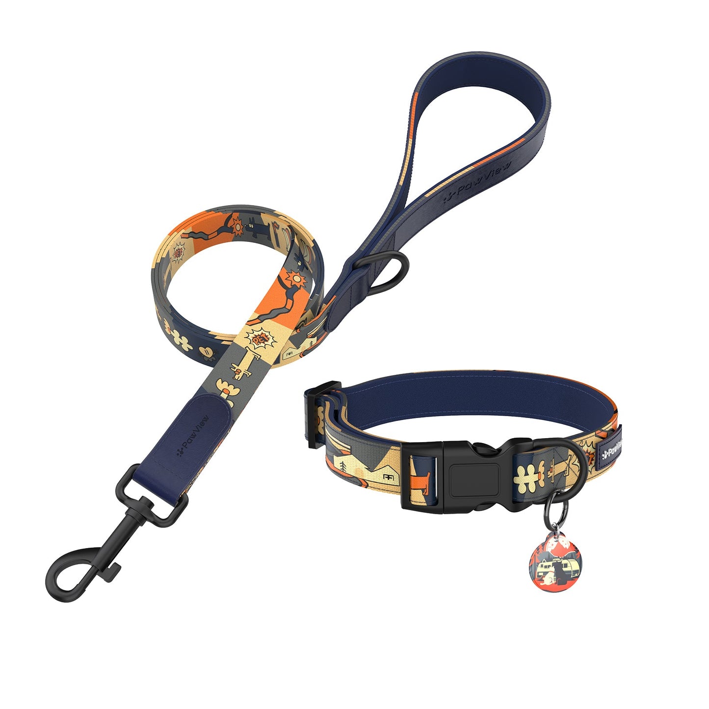 PawView Time Series Dog Collar & Leash with QR ID Tag – Night Sky Design