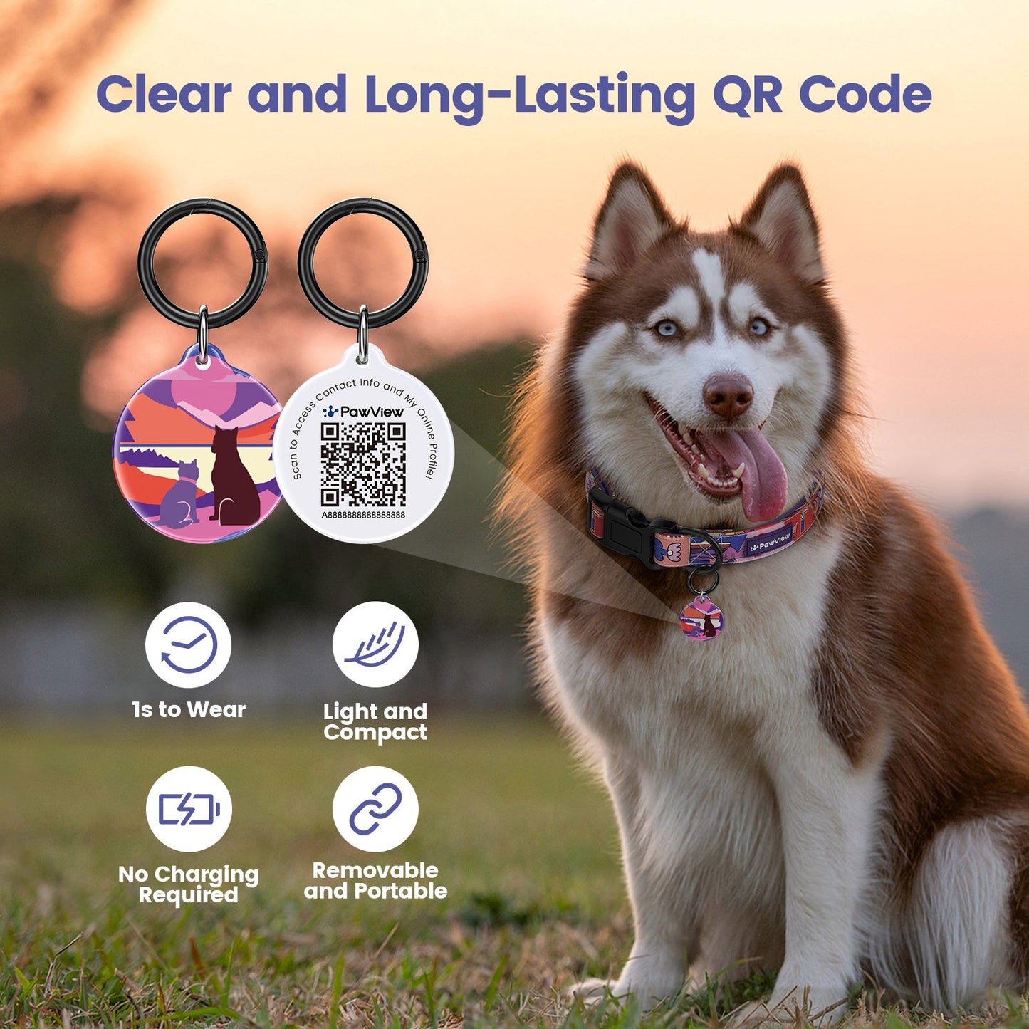 PawView Time Series Dog Collar with QR ID Tag – Sunset Design