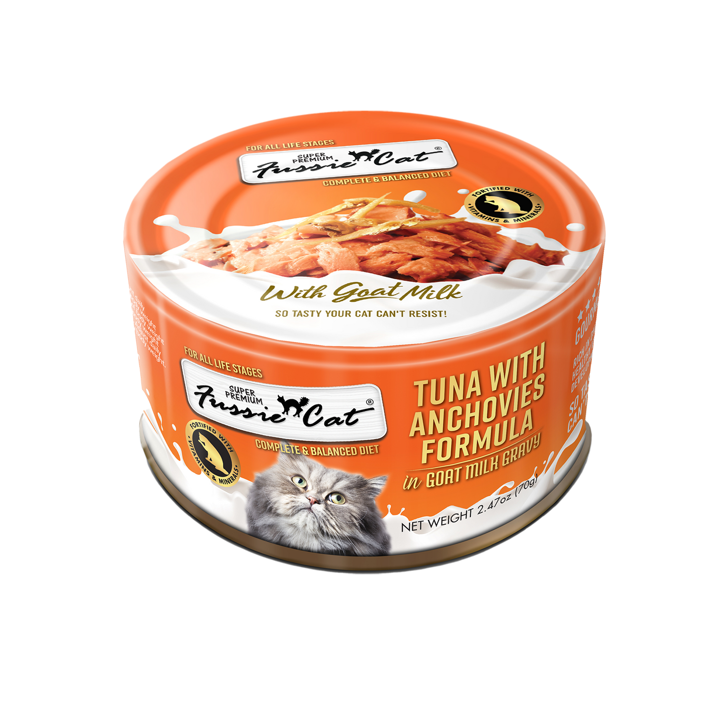 Fussie Cat Tuna With Anchovy Formula In Goat Milk Gravy, Wet Cat Food, 2.47-oz Case Of 24