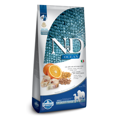 Farmina N&D Ocean Ancestral Grain Cod, Spelt, Oats & Orange Medium & Maxi Adult Dry Dog Food