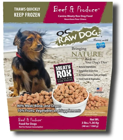 OC Raw Dog Beef and Produce Meaty Rox, Frozen Raw Dog Food, 3-lb Bag