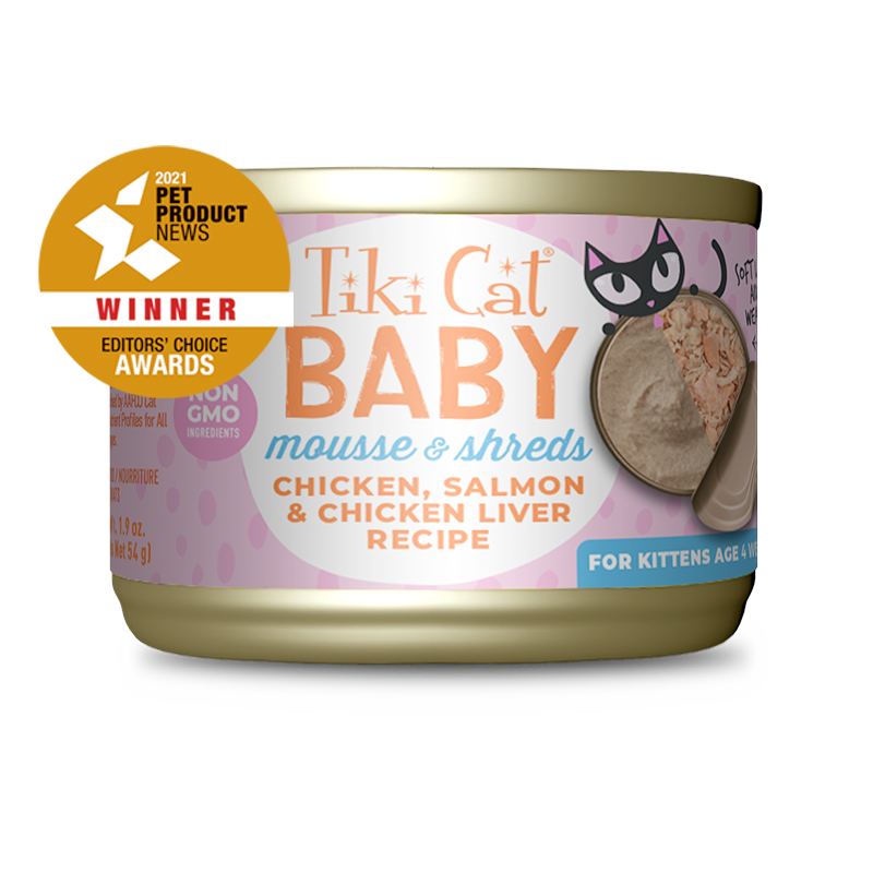 Tiki Cat Baby Kitten Mousse And Shreds with Chicken, Salmon And Chicken Liver Recipe, Wet Cat Food, 1.9-oz 3-Count