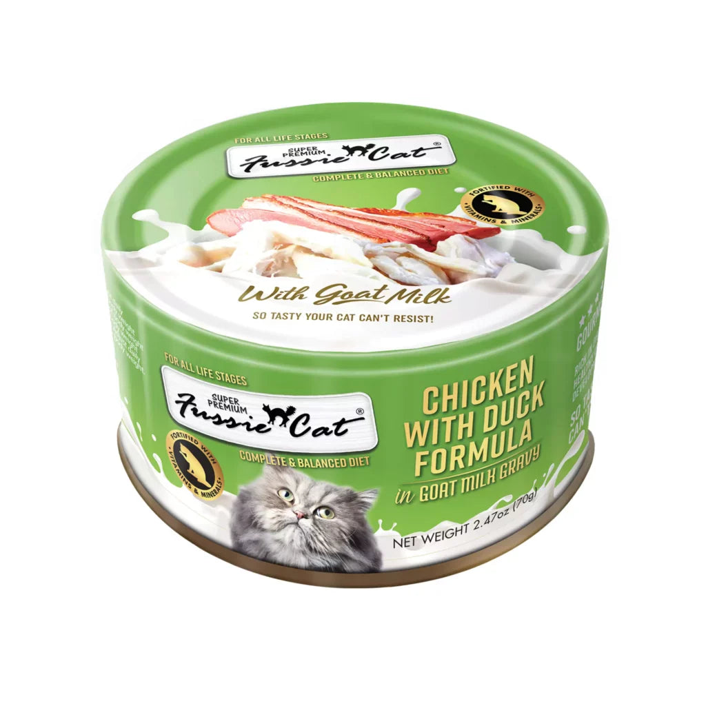 Fussie Cat Chicken With Duck Formula In Goat Milk Gravy, Wet Cat Food, 2.47-oz Case Of 24