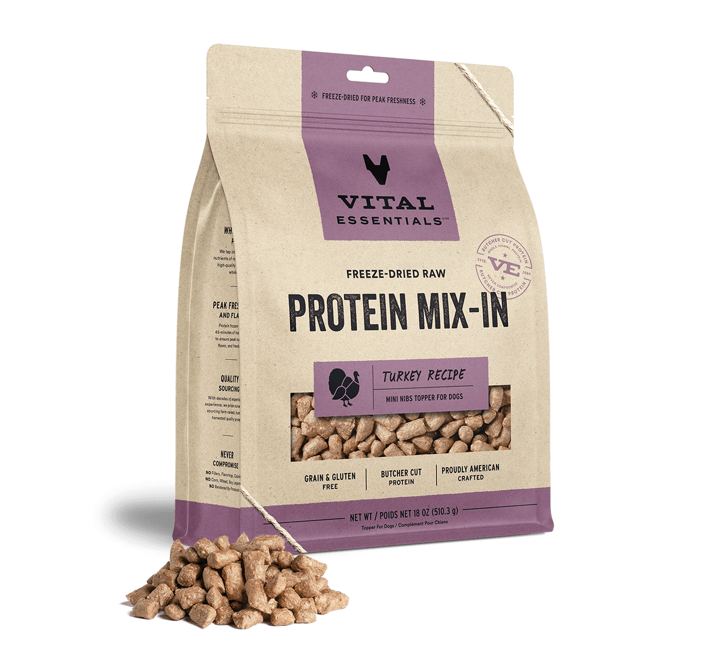 Vital Essentials Turkey Recipe Freeze-Dried Raw Protein Mix-In Mini Nibs Topper For Dogs