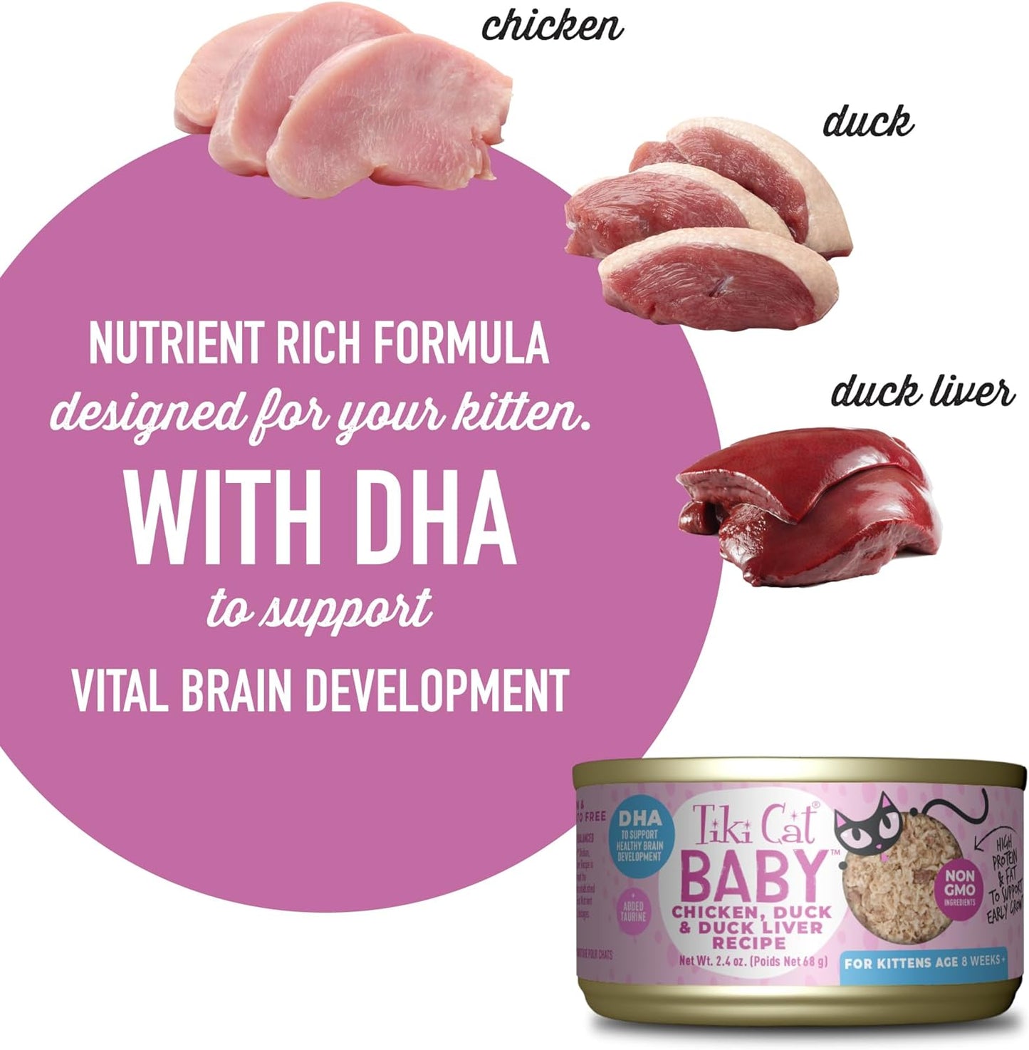 Tiki Cat Baby Kitten Chicken,Duck & Duck Liver, Wet Cat Food, 2.4-oz Case Of 12