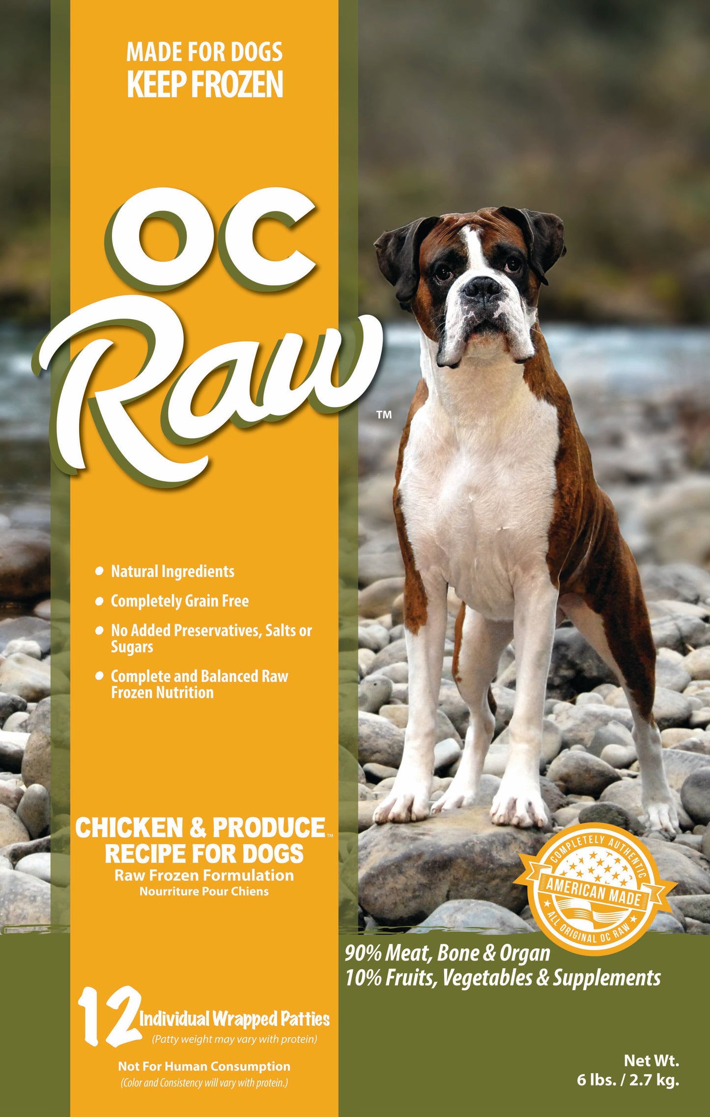 OC Raw Dog Chicken and Produce Patties, Frozen Raw Dog Food, 6lb Bag