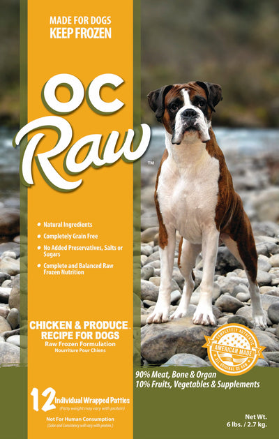 OC Raw Dog Chicken and Produce Patties, Frozen Raw Dog Food, 6lb Bag